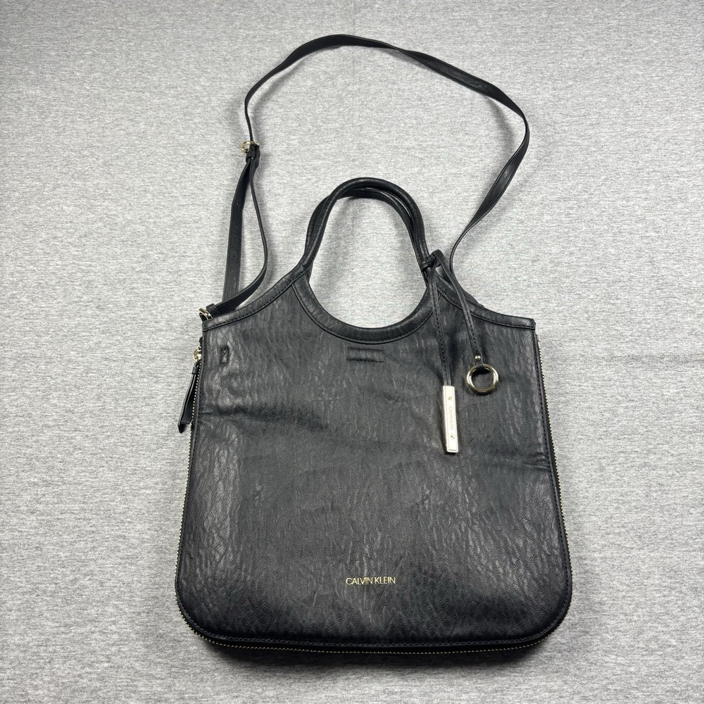 Calvin Klein Gabrianna Novelty Slim Side Zip Tote Black Expandable Purse Bag